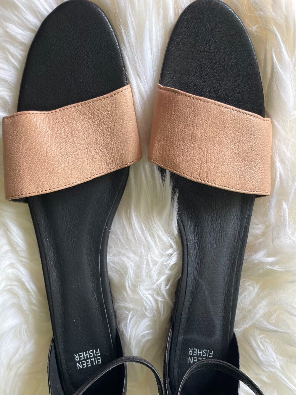EILEEN FISHER Beige and Black Leather Flat Sandals